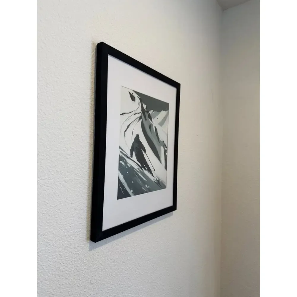 Framed Abstract B&W Skier Painting Print — Dynamic Snow Art